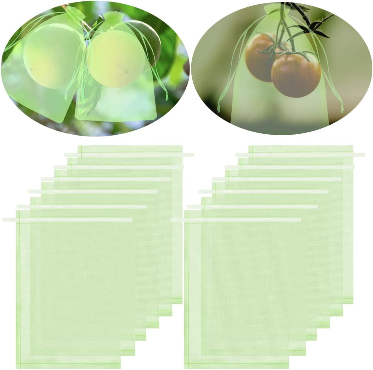 50 bolsas de protección de frutas, 8 x 12 pulgadas, bolsas de red de frutas con cordón de malla para jardín, reutilizables, para plantas de frutas,