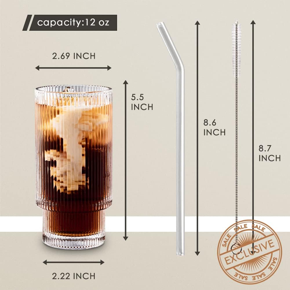 Gracenal Vasos de vidrio acanalados con pajitas de 12 onzas, juego de 4 vasos de cóctel, cristalería vintage, vasos de whisky, accesorios de barra