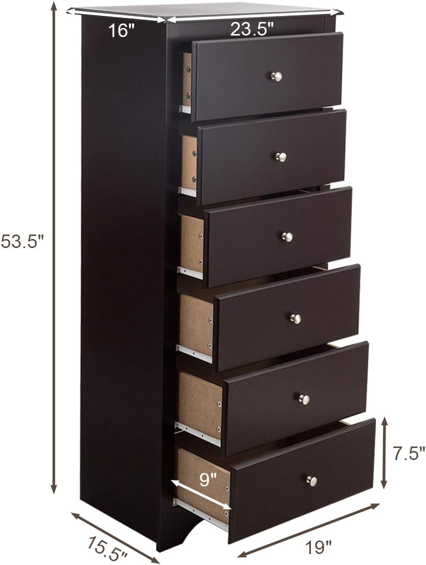 Cómoda de 6 cajones, pecho de 53.5 pulgadas de alto, armario de almacenamiento de pie con pomos de metal, cómoda de madera para armario, dormitorio,