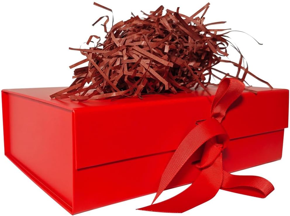 REECAGO Caja de regalo roja de 10.5 x 7.5 x 3.4 pulgadas con tapa magnética y cinta de seda para regalos de Navidad, regalos de cumpleaños, bodas,