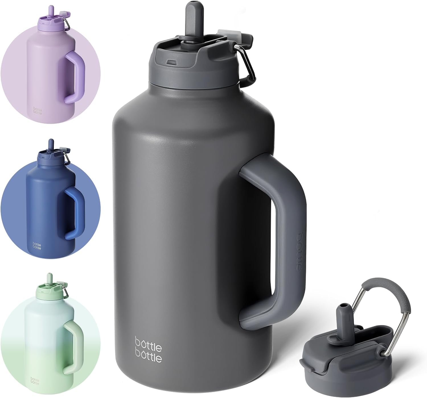 BOTTLE BOTTLE Botella de agua aislada de 64 onzas con popote y tapa de doble uso, botella de agua deportiva de acero inoxidable con asa al vacío de