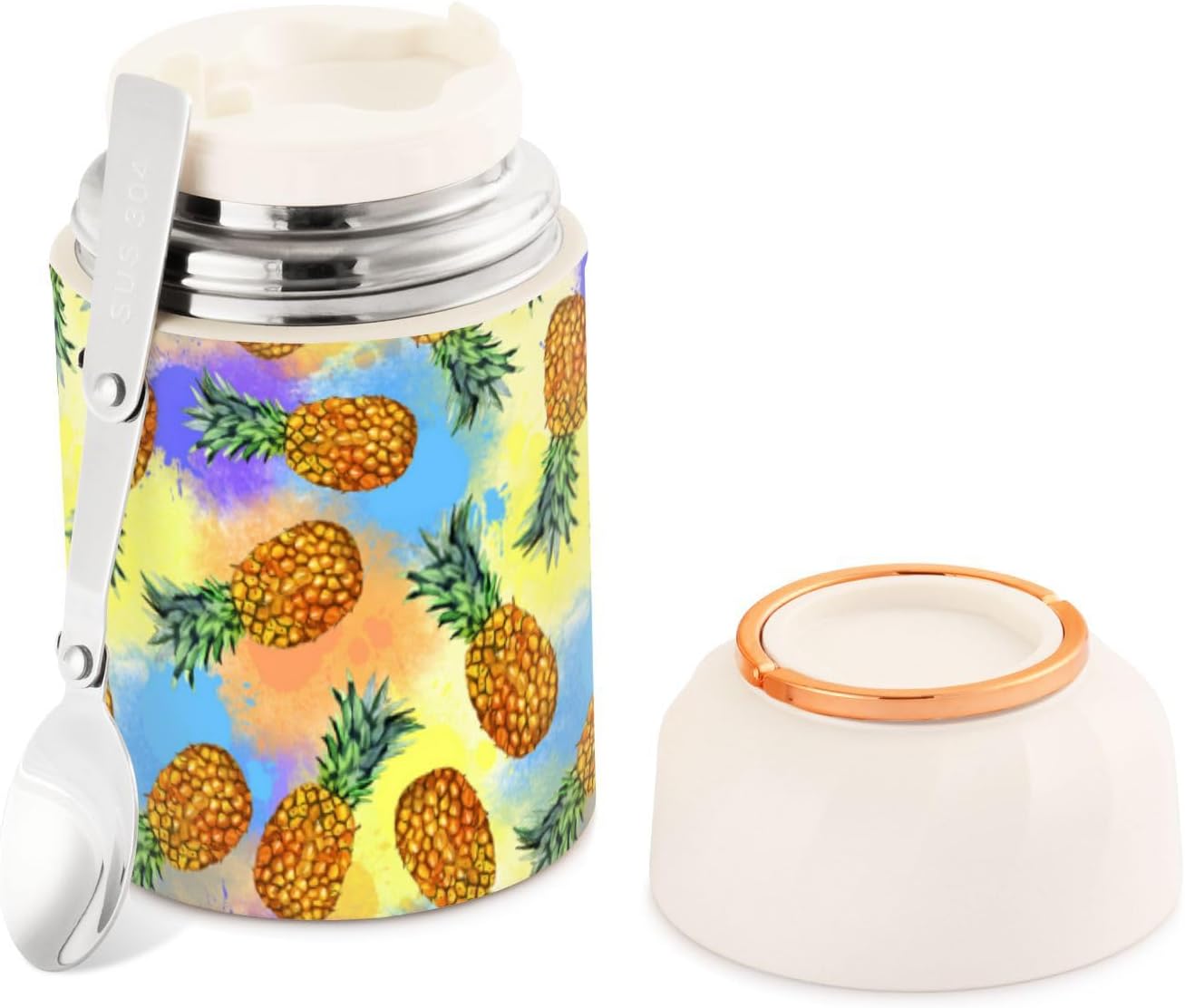 MCHIVER Fruta piña tarro de comida con cuchara de acero inoxidable aislado al vacío contenedor de alimentos 17 oz termo para comida caliente