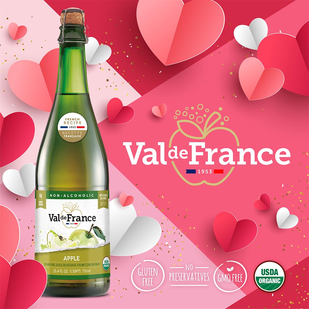 Val de France, Jugo espumoso sin alcohol, reducido en calorías, orgánico y OU Kosher (melocotón), 25.4 onzas líquidas (paquete de 4)