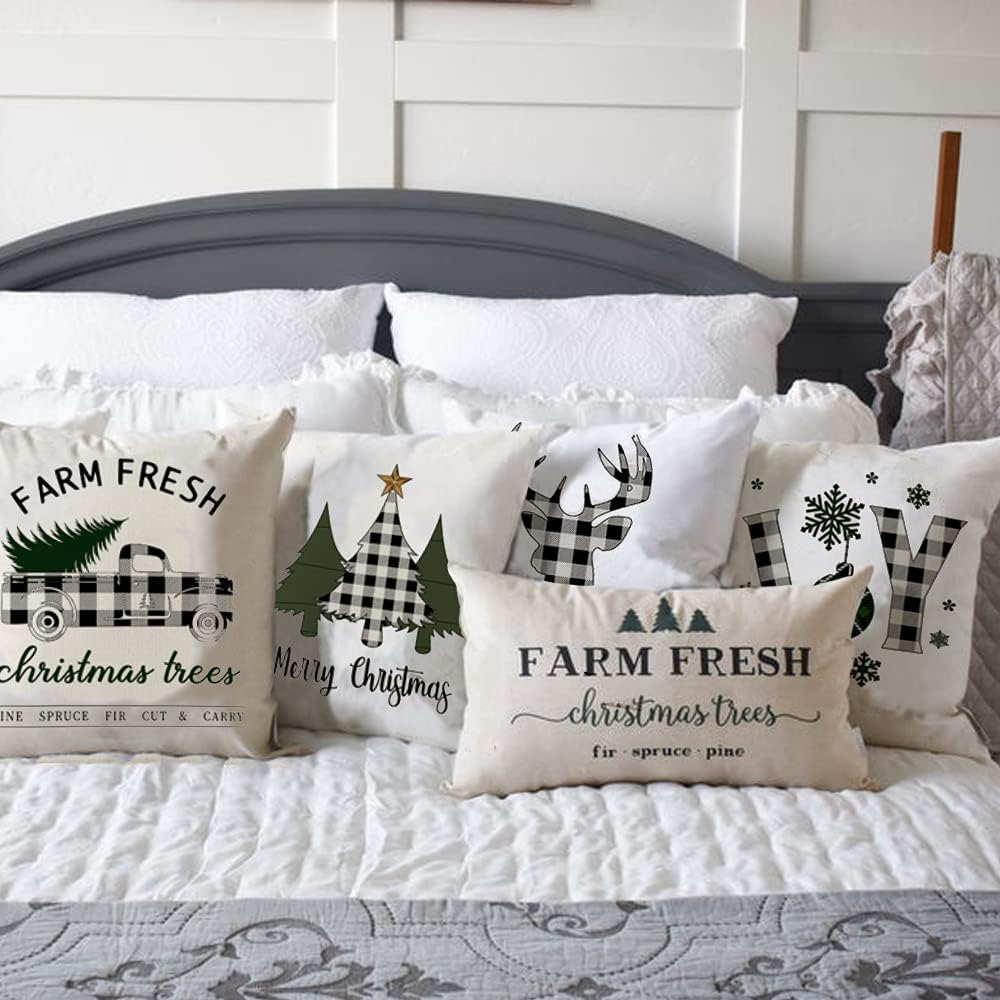4 fundas de almohada de Navidad de 18 x 18 pulgadas, fundas de almohada decorativas rústicas a cuadros de búfalo para decoración de Navidad, fundas