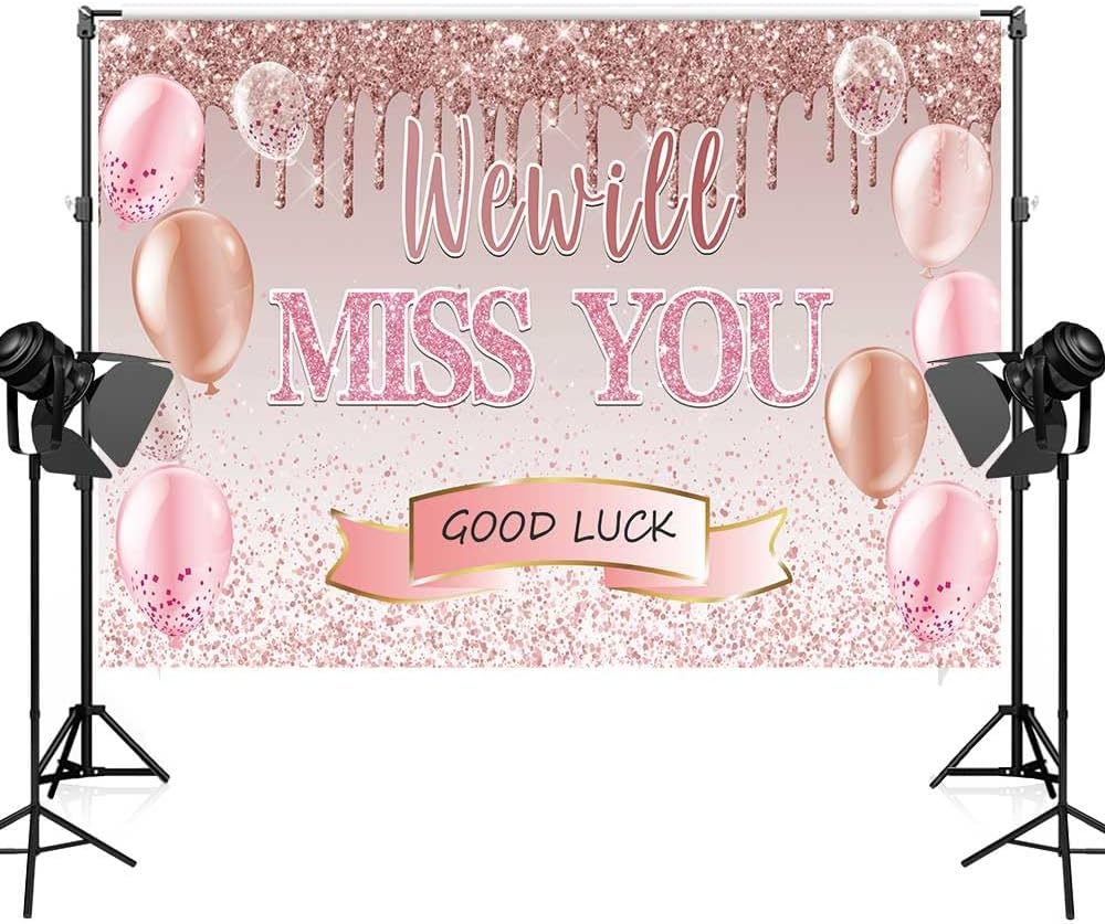 Telón de fondo de oro rosa de 5.9 x 3.6 pies con texto en inglés “We Will Miss You” para mujer, pancarta de buena suerte para decoración de fiesta