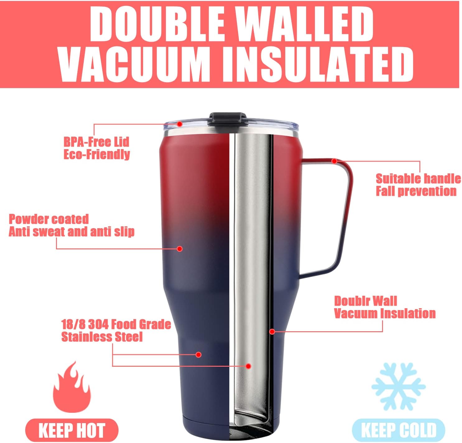 Deitybless Vaso de 40 onzas con asa, doble pared sellada al vacío de acero inoxidable aislado al vacío, taza de viaje al vacío, regalo para bebidas