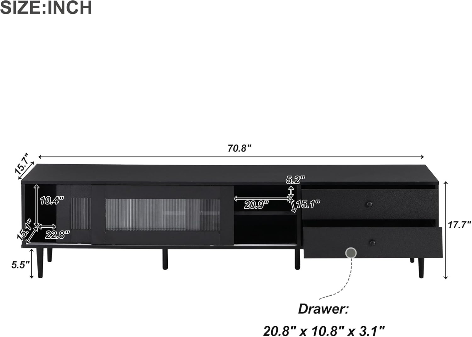 LUMISOL Moderno soporte de TV para TV de 75 pulgadas, consola de TV con puertas de vidrio estriado y cajones inclinados, gabinete multimedia