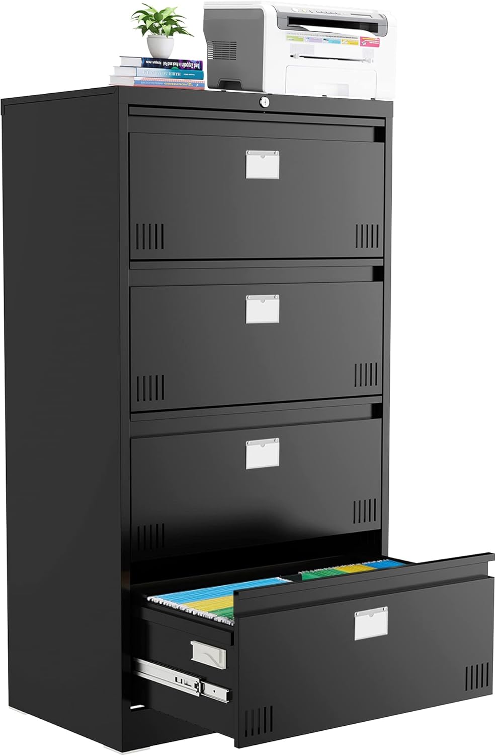 Petonline Archivador lateral de metal para oficina en casa, archivador lateral de 4 cajones con cerradura, archivador horizontal de metal con ranura