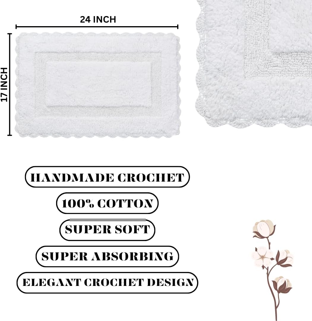 Alfombra de baño de algodón de ganchillo con antideslizante de 17 x 24 pulgadas, color blanco, 100% algodón puro, súper suave, felpa y absorbente,