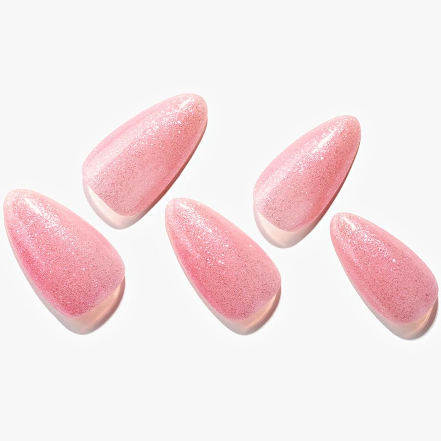 GLAMERMAID Uñas postizas a presión de almendra medianas, hechas a mano con purpurina plateada con esmalte de uñas rosa claro, pegamento en las uñas,