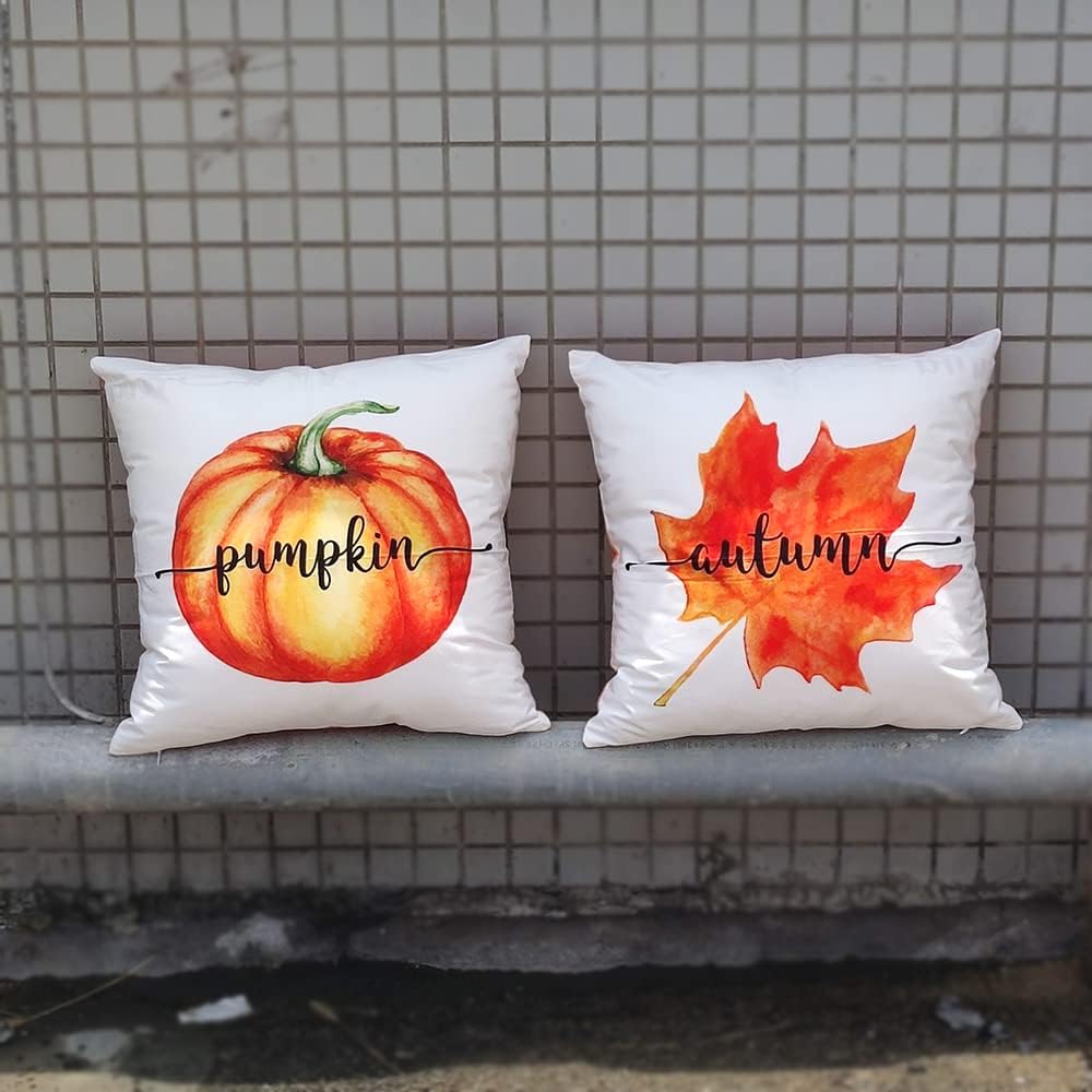 LOZACHE Juego de 2 fundas de almohada de 18 x 18 pulgadas, diseño de hojas de calabaza, fundas de almohada de otoño naranja para sofá, cama, sala de