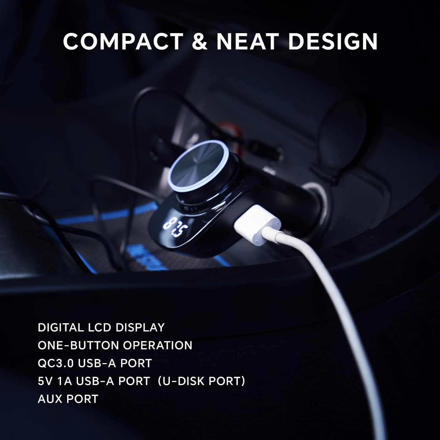 NECESPOW QC3.0 – Transmisor FM Bluetooth 5.0, cargador USB con cable AUX, adaptador de radio manos libres compatible con disco AUX y U, llamada