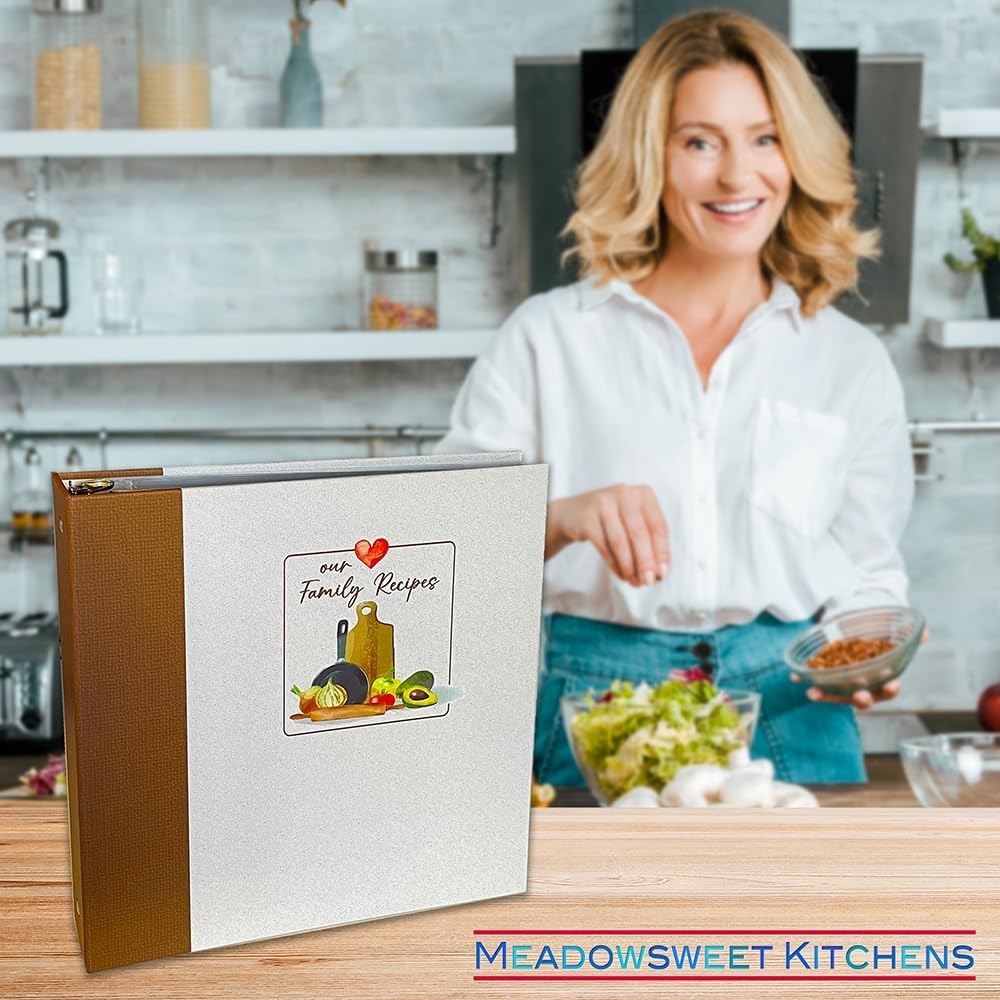 Imprime tu propio libro de recetas familiares – Carpeta de recetas con páginas de recetas de tamaño completo, fundas de plástico y separadores de