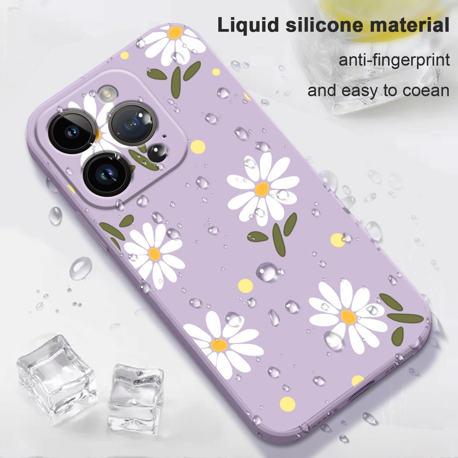 LEECG Fundas para iPhone 15 Pro, fundas para iPhone 15 Pro con diseño de crisantemo lateral, suave a prueba de golpes, protector de lente de cámara