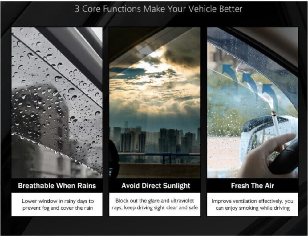 WKK 4 unids Sun Rain Guard Viseras de ventana delantera trasera izquierda conductor derecho pasajero lado superior cinta en ventana externa estilo
