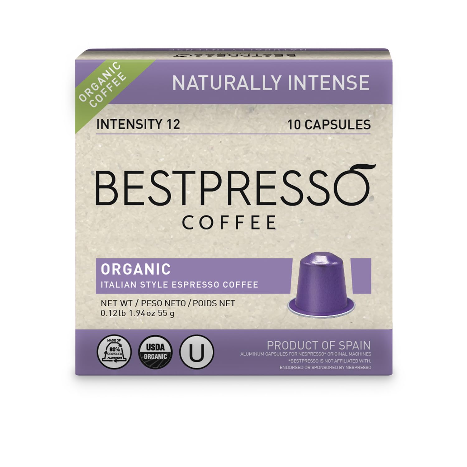 Cápsulas de café expreso de aluminio orgánico USDA Bestpresso para máquina Nespresso original, paquete de 120 (naturalmente intenso)
