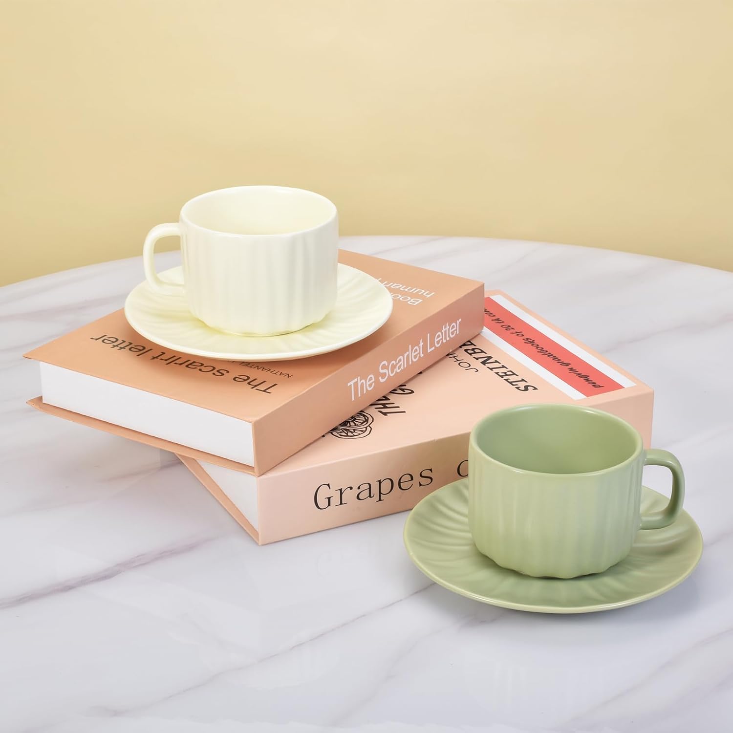 Denovin Juego de taza de café y platillo de cerámica, taza de café de capuchino Demitasse con rayas de melón amargo, 8 onzas, perfecta para té con