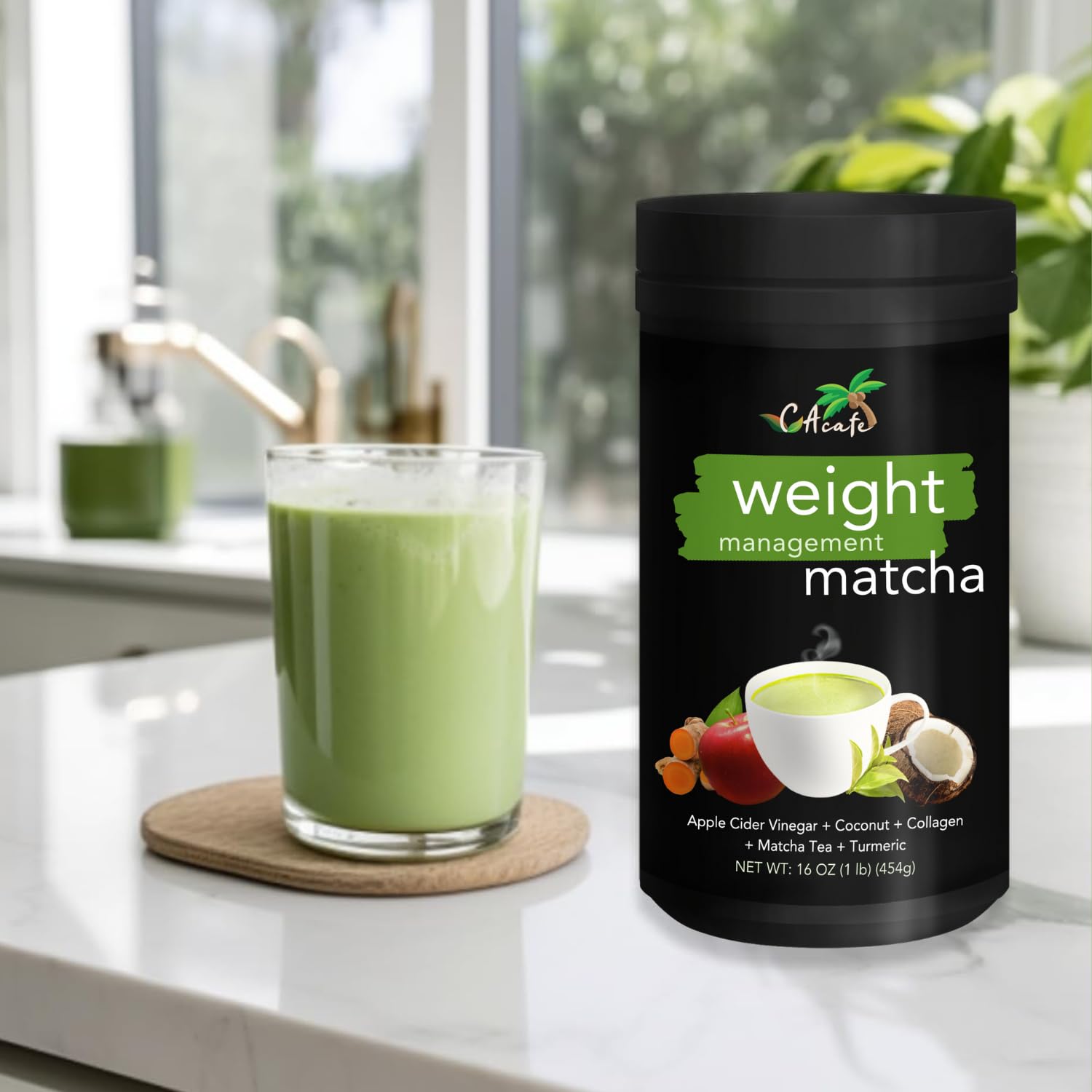 CAcafe Té matcha de cúrcuma con vinagre de sidra de manzana, 0.03 oz de azúcar añadido, 0.23 onzas de proteína, mezcla de superalimentos de ACV,