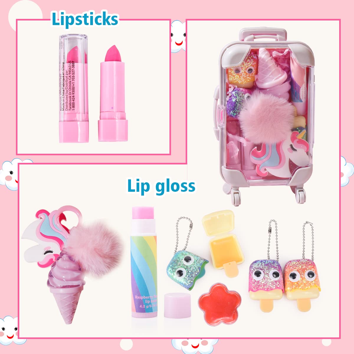 MAKE YOU UP – Juego de 8 brillos de labios con maleta, con forma de paleta con purpurina, sabores afrutados, lápices labiales en maleta realista,