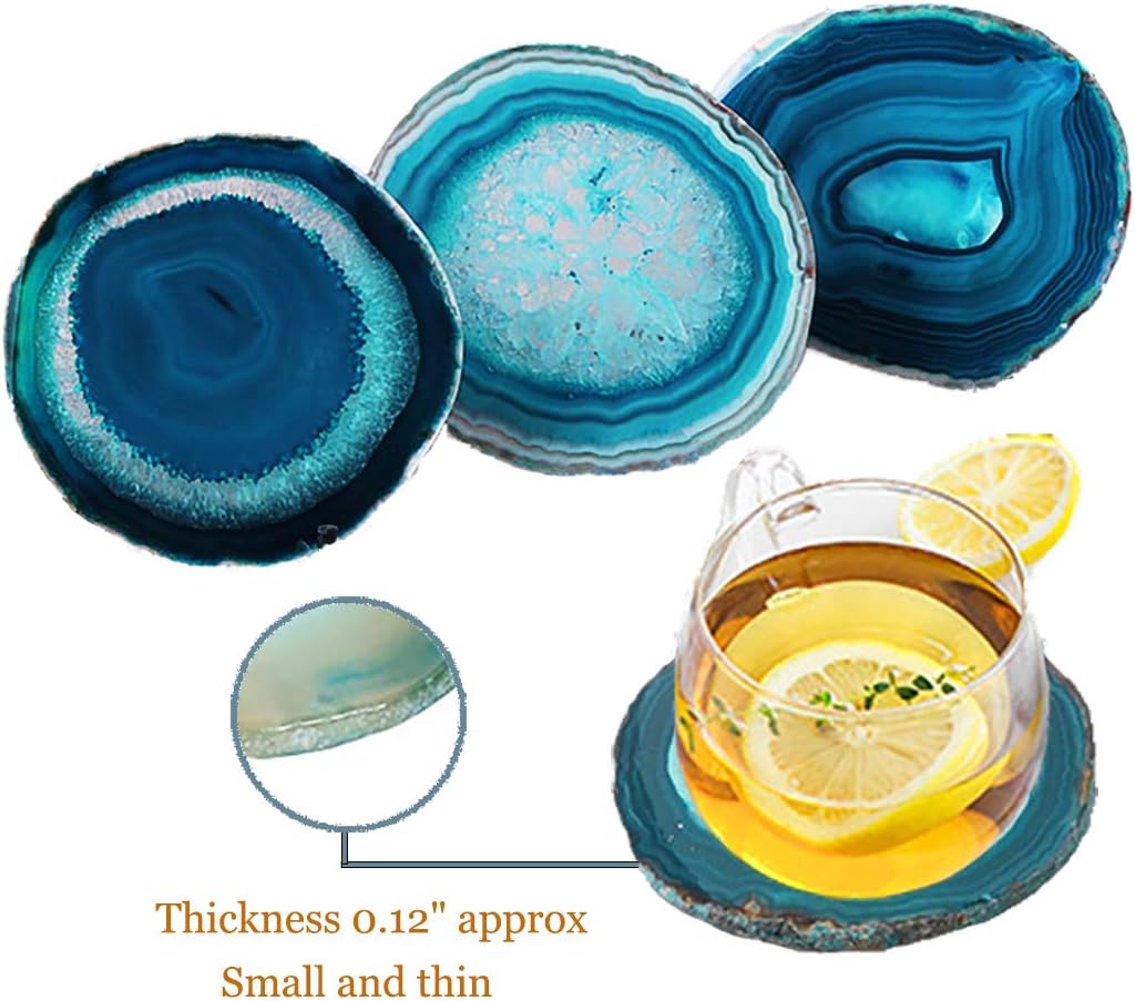 AMOYSTONE Juego de 4 posavasos de ágata verde azulado para bebidas, juego de 4 posavasos de cuarzo de cristal, rodajas de ágata con parachoques de