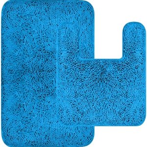 ENKOSI Juego de alfombras de baño de chenilla azul, juego de alfombras de baño, juego de 2 alfombras de baño esponjosas, tapete de inodoro en forma ENKOSI Juego de alfombras de baño de chenilla azul, juego de alfombras de baño, juego de 2 alfombras de baño esponjosas, tapete de inodoro en forma