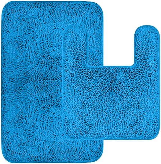 ENKOSI Juego de alfombras de baño de chenilla azul, juego de alfombras de baño, juego de 2 alfombras de baño esponjosas, tapete de inodoro en forma