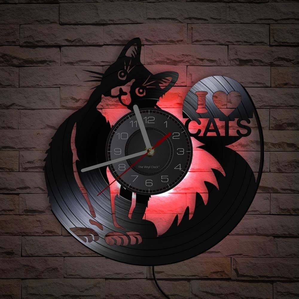 Love Cat – Reloj de pared de vinilo con temática de gato con función de luz nocturna LED, regalo hecho a mano para amantes de las mascotas y niños