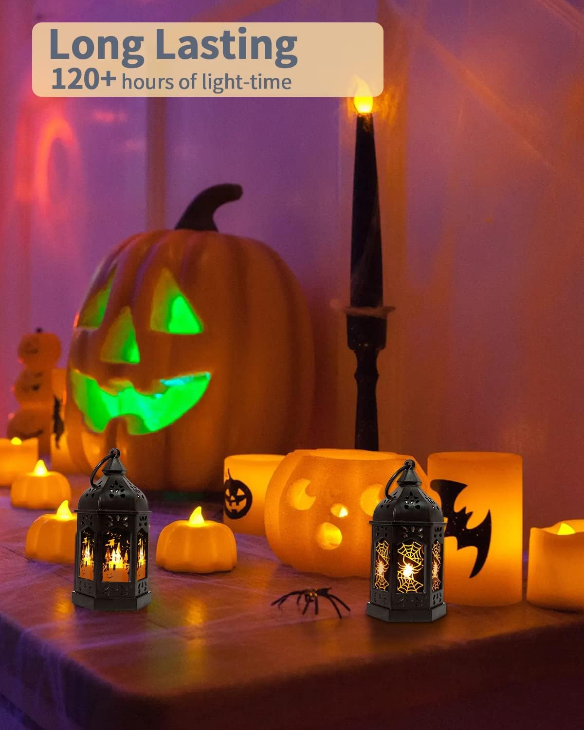 SHYMERY Halloween Lantern,Mini Lantern Decorative Lights with Flickering Candles,Glass Hanging LED Small Candle Lanterns Gifts for