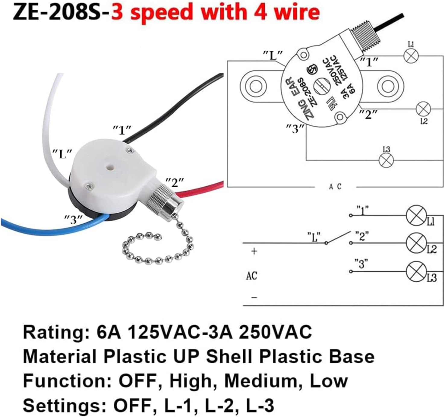Interruptor de ventilador de techo zing Ear ZE-208S e89885 Interruptor de cadena de tracción 3 velocidades 4 interruptores de cable Pieza de