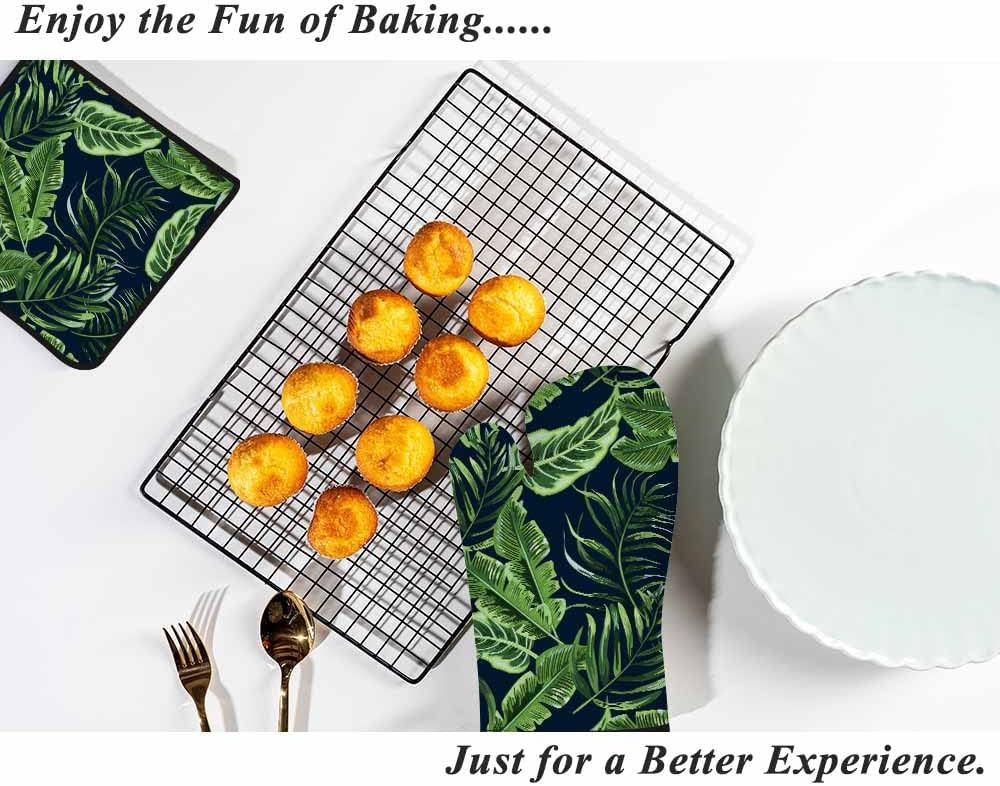 Juego de manoplas de horno y soportes para ollas de hojas verdes, palmeras tropicales, exóticas, resistentes al calor, 3 piezas para cocinar,