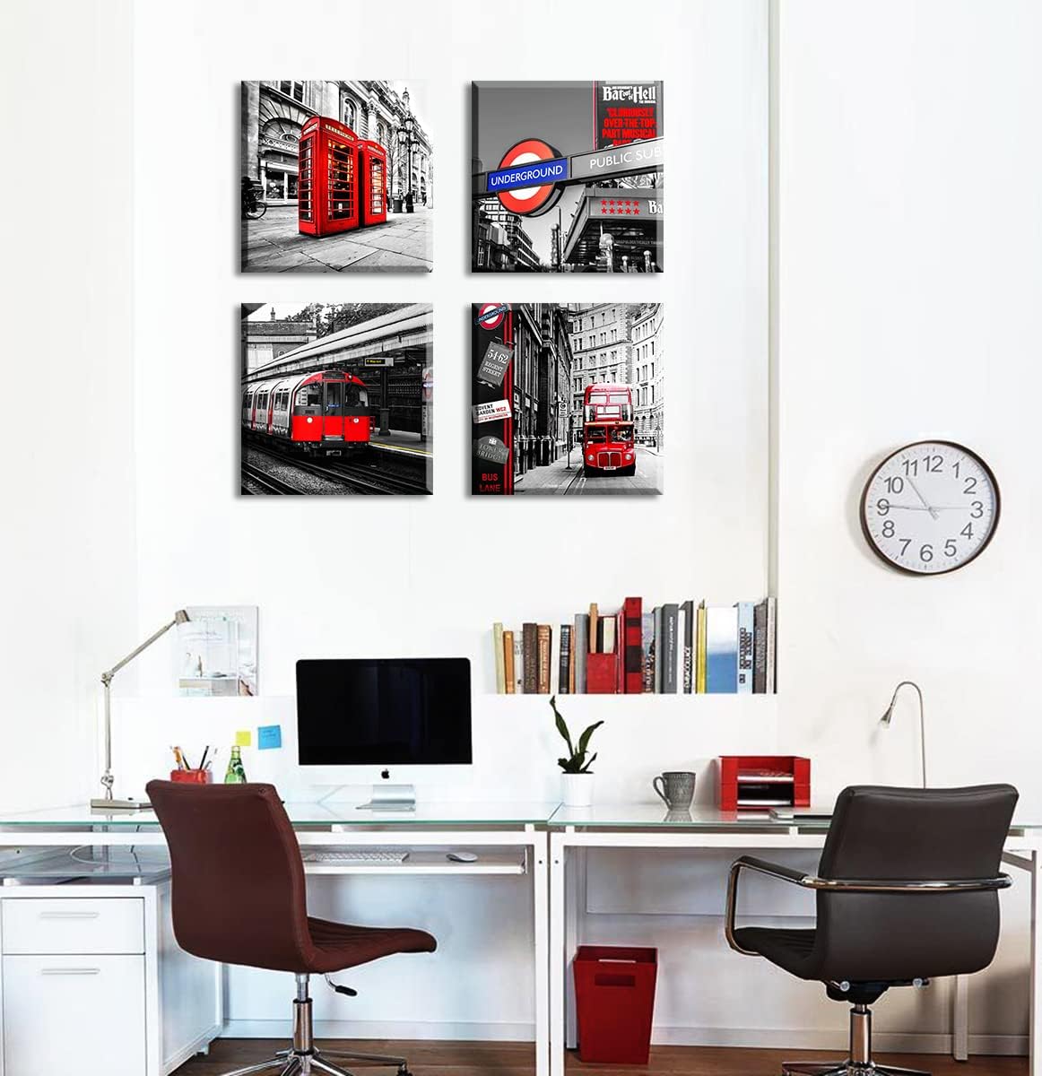 JiazuGo Arte de pared en blanco y negro, decoración de pared roja, arte de construcción de ciudad, cabina de teléfono roja, autobús en Londres,