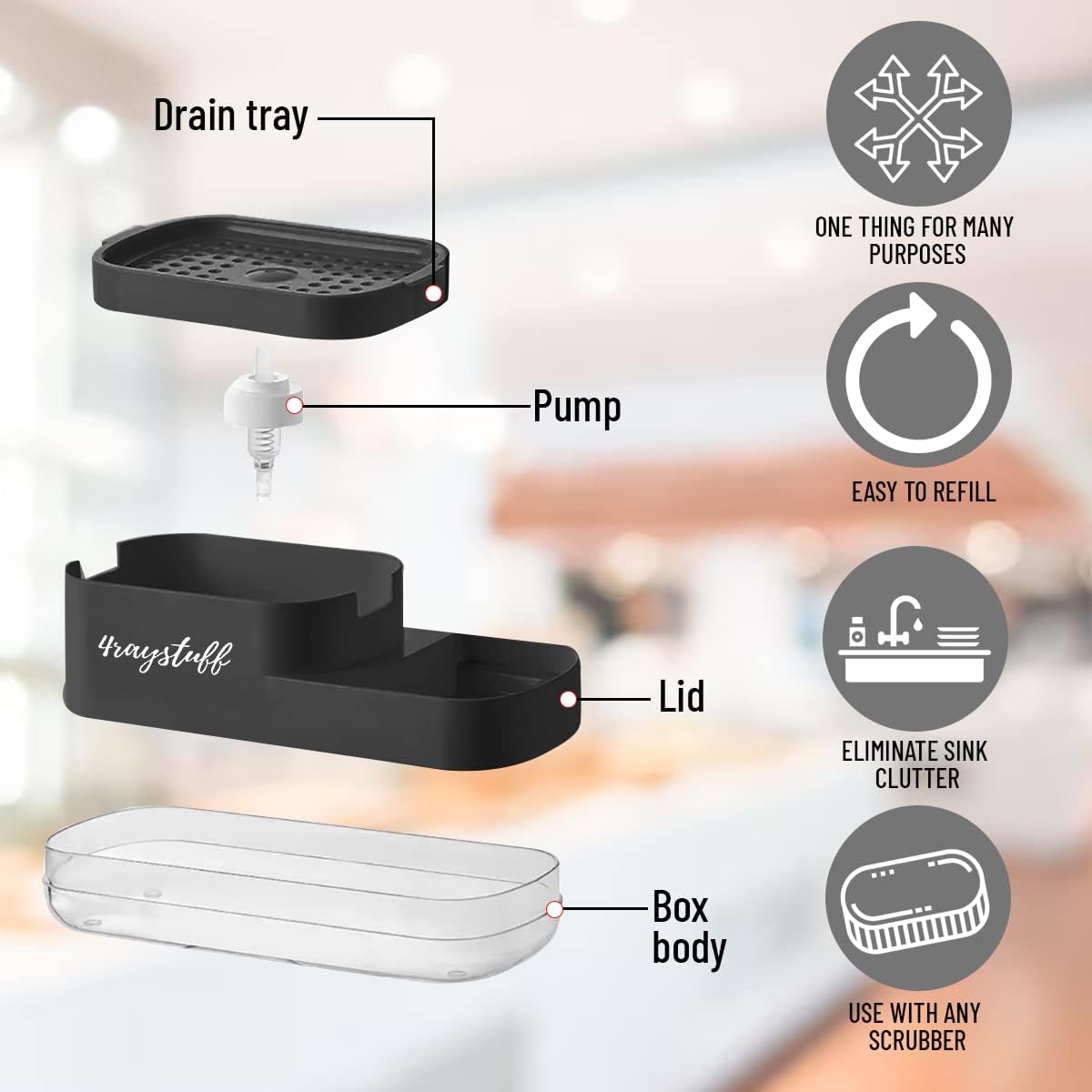 Dispensador de jabón para platos para fregadero de cocina 2 en 1 con soporte para esponja. Dispensador de jabón líquido y esponja incluidos.