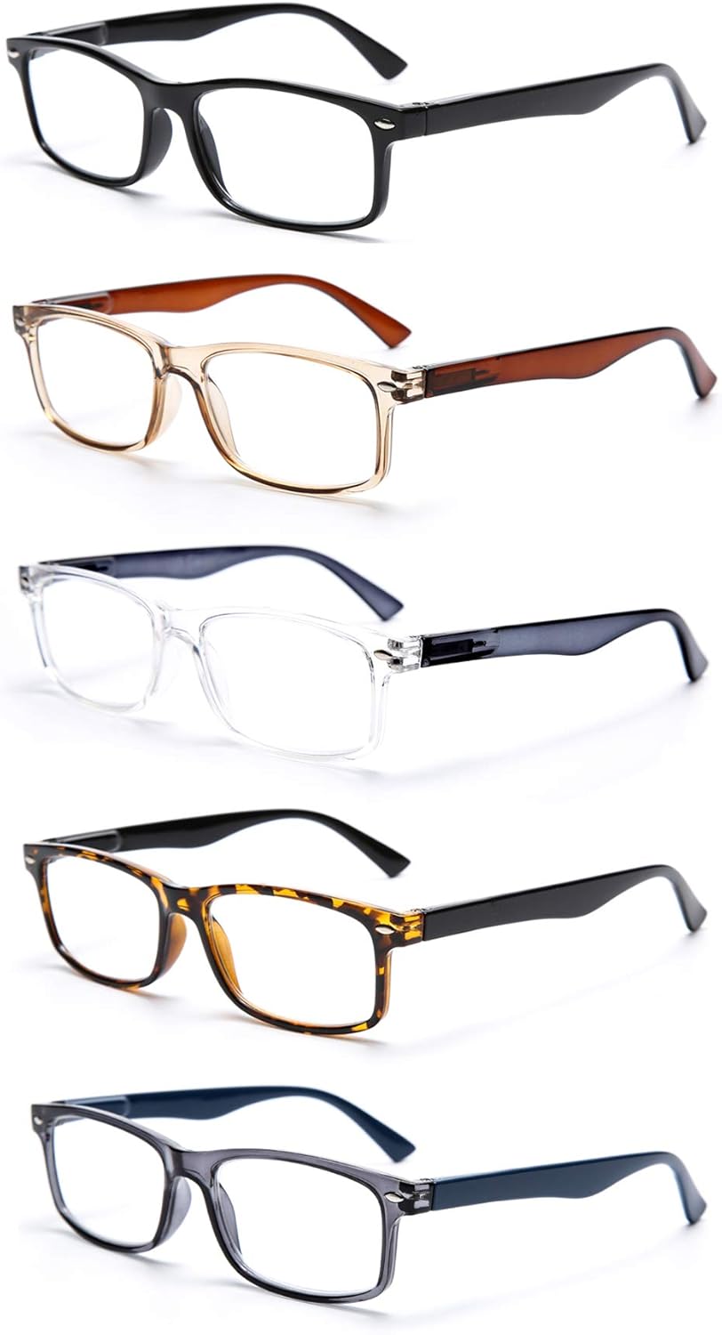 Paquete de 5 lentes de lectura unisex rectangulares vintage con marco de plástico para hombres y mujeres