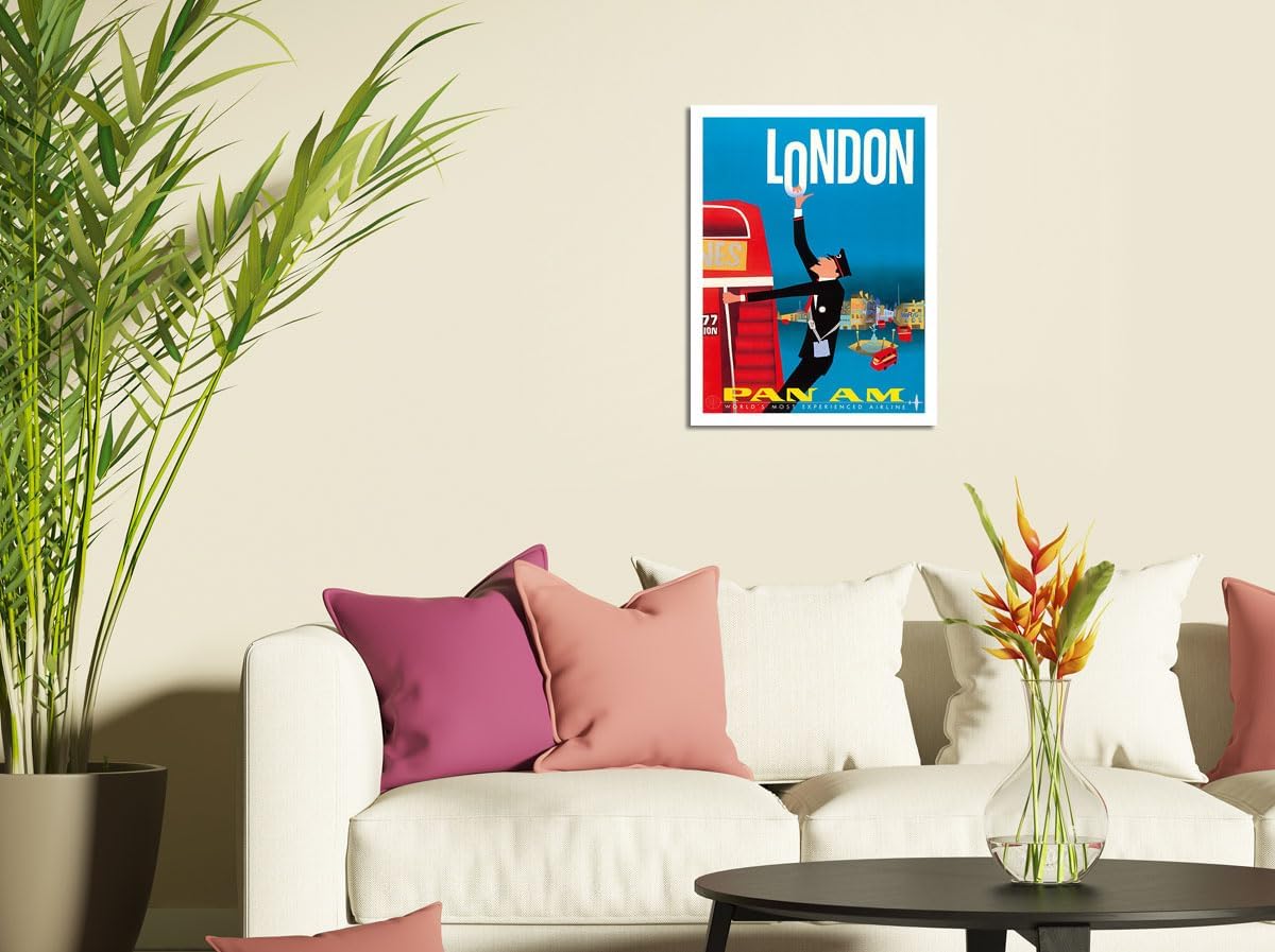 Londres, Inglaterra – Autobuses de dos pisos, Bovril y Schweppe – Pan American World Airways – Póster vintage de viaje de aerolínea por Aaron Fine