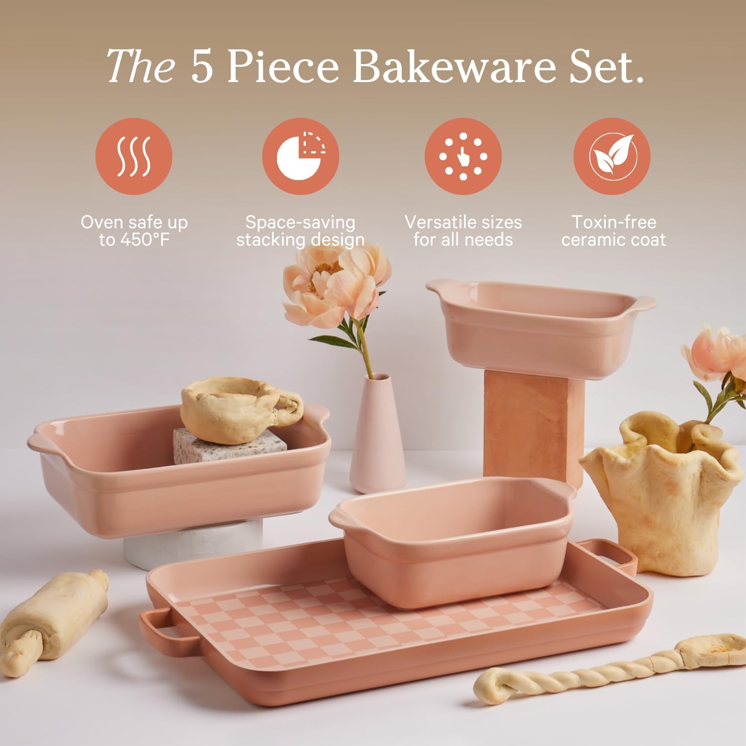 Our Place Ovenware – Juego de 5 piezas antiadherentes, sin toxinas, cerámica y cerámica con bandeja para horno, panaderos y alfombrilla para horno,