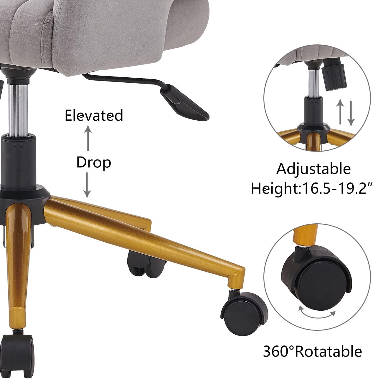 Silla de oficina en casa, silla giratoria de terciopelo, moderna y bonita silla de escritorio con base dorada para niñas y mujeres, asiento de