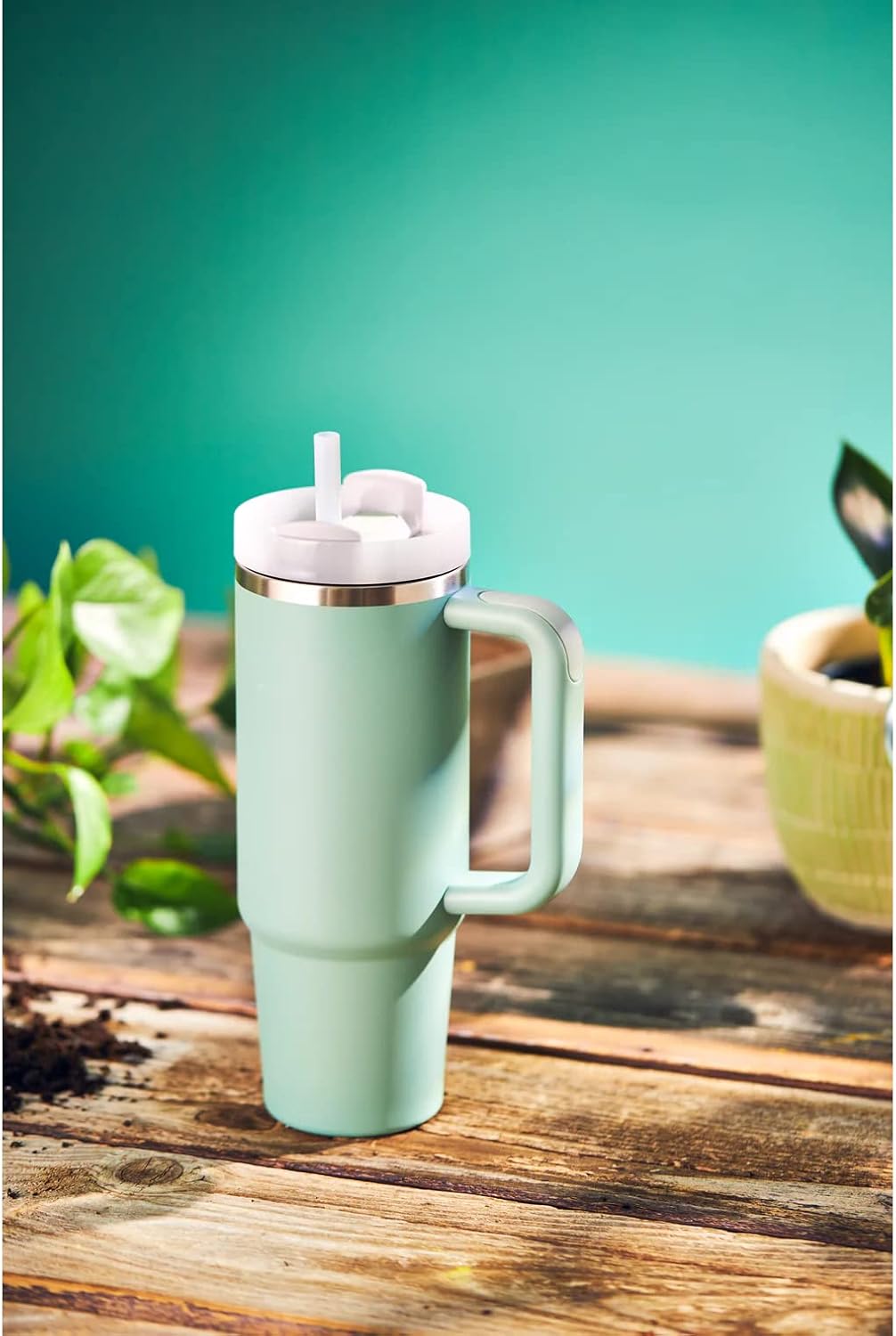 Thirst Quench 2.0 – Vaso de acero inoxidable con aislamiento al vacío de 30 onzas con tapa resistente a fugas y popote (Eucalyptus)