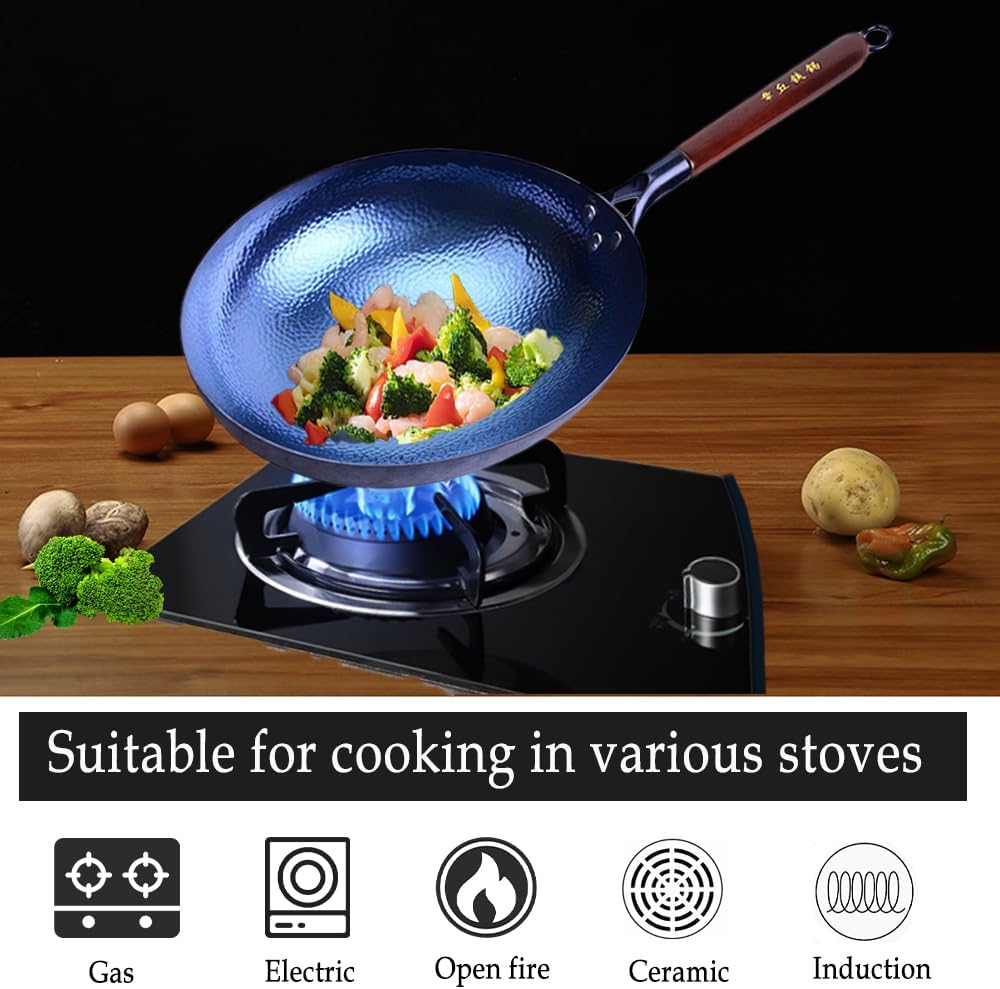 TKRADISH Wok de hierro fundido de 14 pulgadas, woks chinos de hierro martillado a mano con mango de madera y tapa, sartenes grandes antiadherentes,