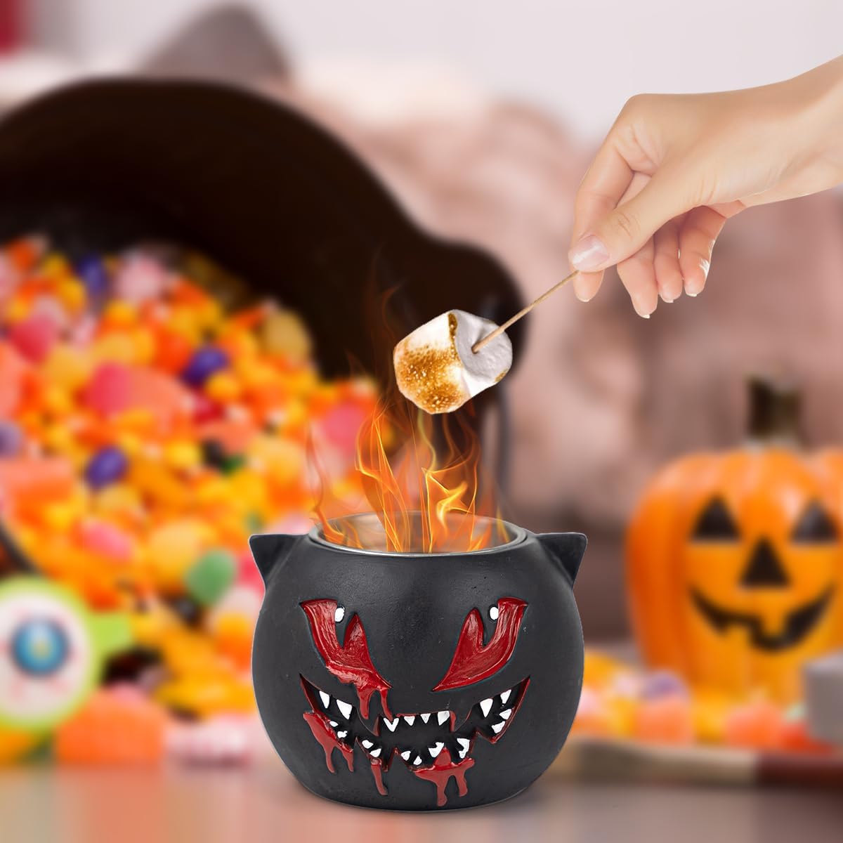 Cuenco para hoguera de mesa  Decoración para fogata de alcohol de gato negro de Halloween, chimenea de mesa de hormigón, decoración interior y