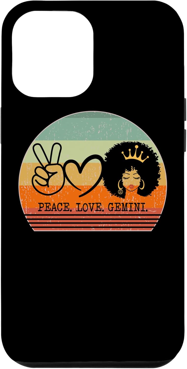 iPhone 13 Pro Max Peace Love Gemini Queen Zodiac Afro Hair Crown Funda de cumpleaños
