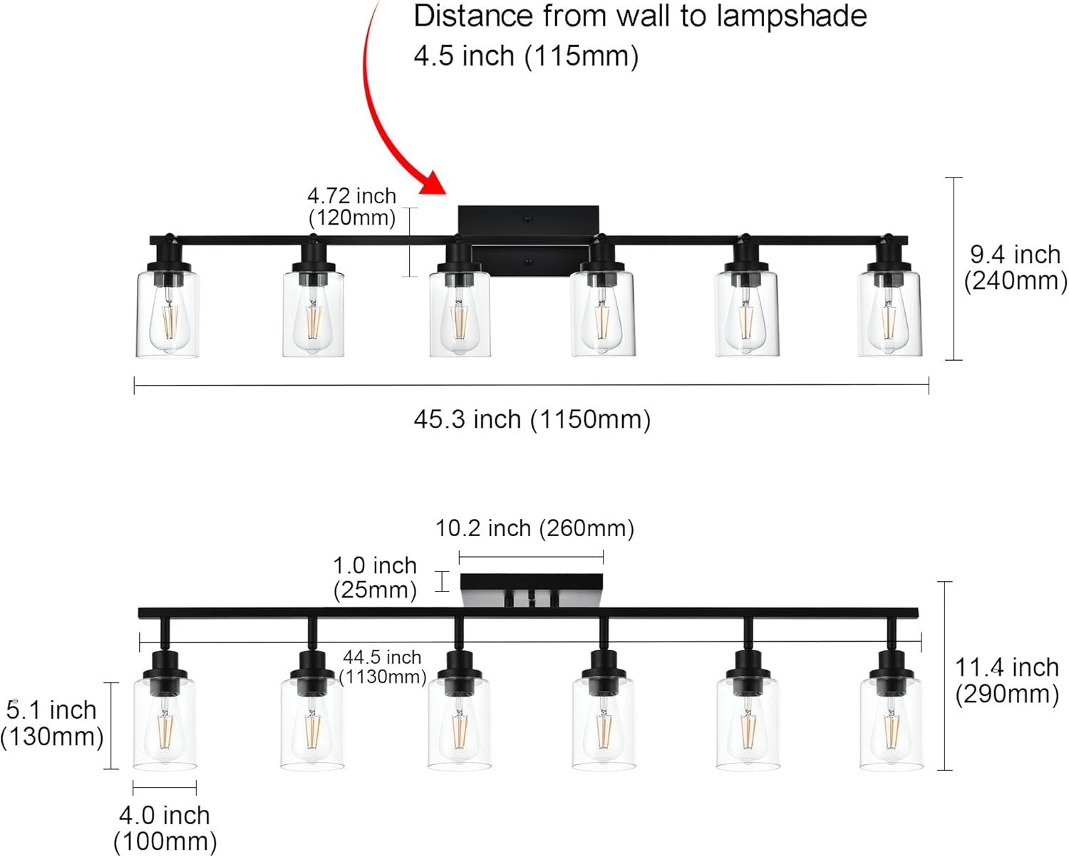 MELUCEE Kits de iluminación de riel de techo, 6 lámparas de baño, montaje en pared con cabezal de luz giratorio, modernos focos negros con pantalla