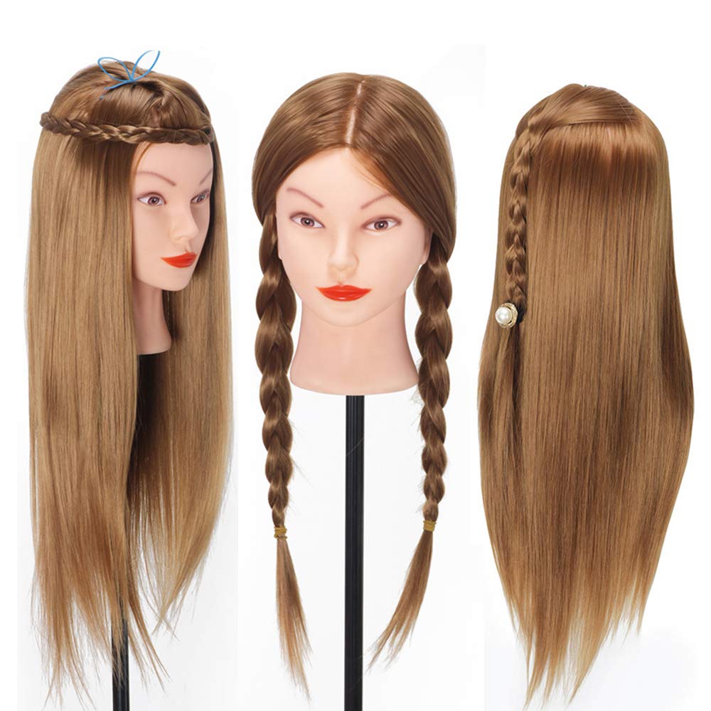 Cabeza de maniquí con cabello, cabeza de muñeca Beauty Star para peinar el cabello, cabello sintético dorado de 20 pulgadas de largo, modelo de