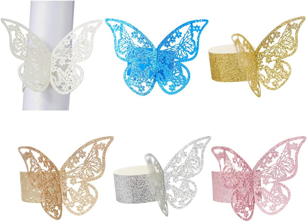 Juego de 50 servilleteros de papel de mariposa 3D, servilleteros de papel de aluminio huecos, hebillas de servileta, decoraciones de mesa para