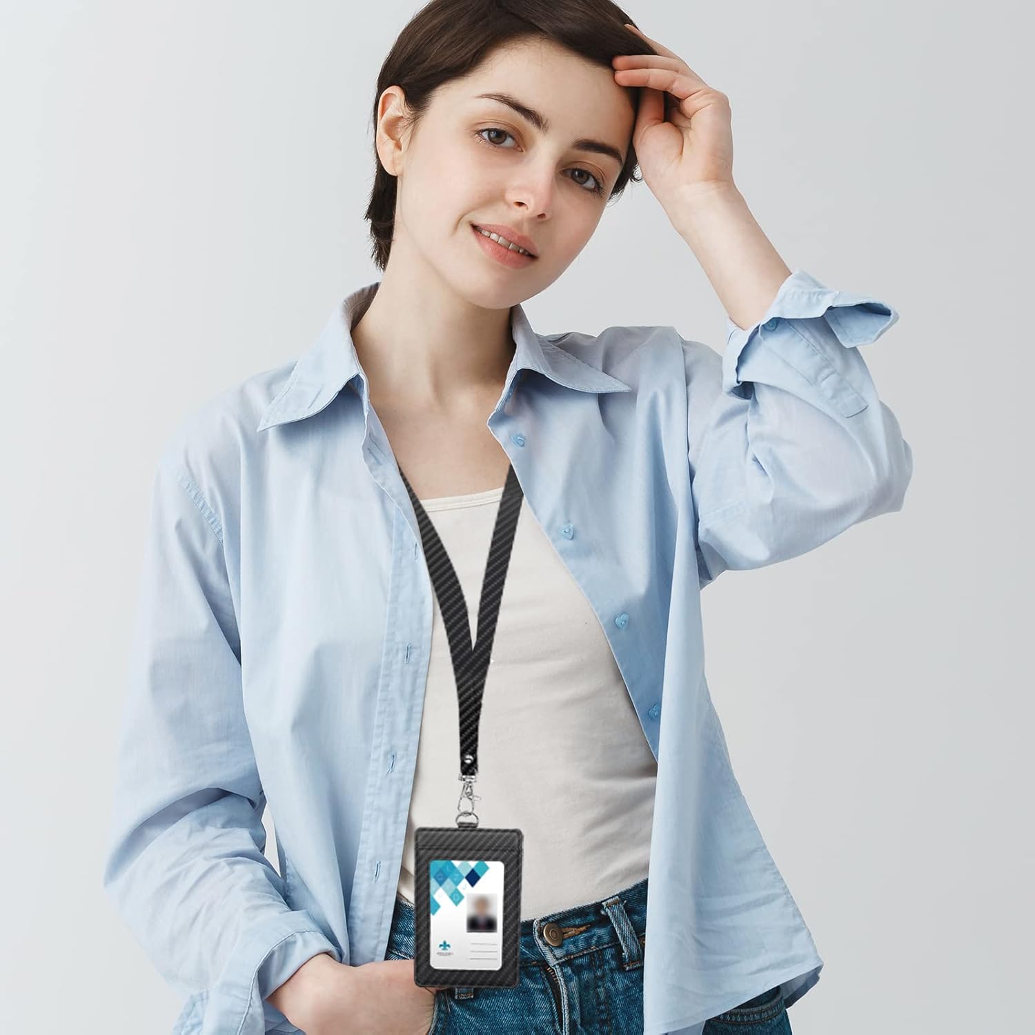 Soporte para tarjetas de identificación de fibra de carbono con cordón para el trabajo, elegante y duradero, con doble capacidad para tarjetas,