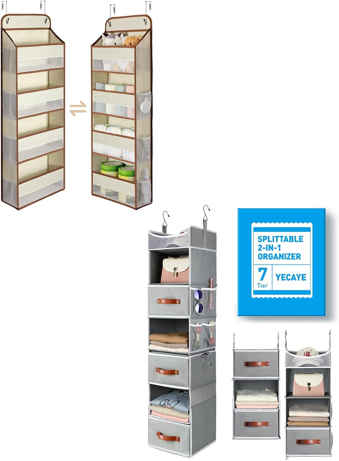 Yecaye Organizador de armario colgante de 7 niveles y paquete de almacenamiento de puerta beige de 4 niveles