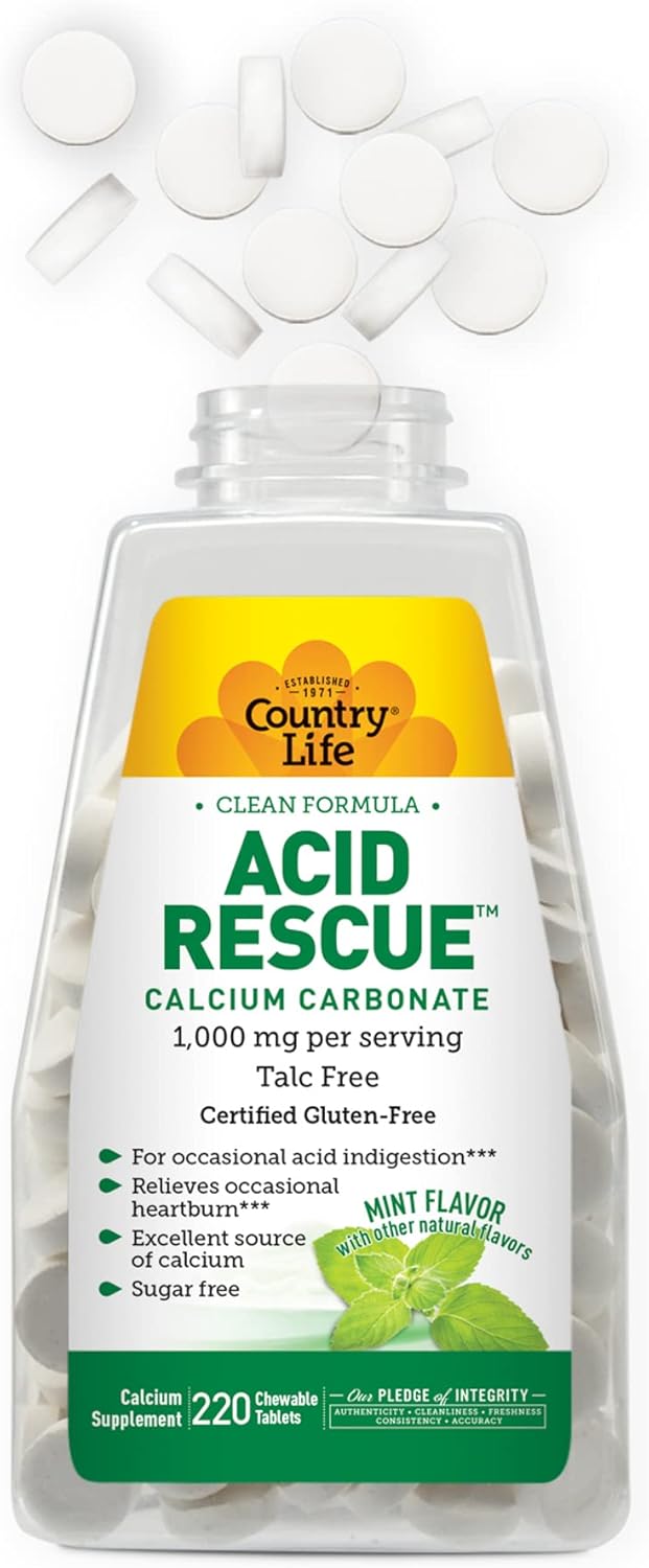 Country Life Acid Rescue – Carbonato de calcio, fórmula limpia, 1,000 mg, sin talco, 220 tabletas masticables de sabor a menta, sin azúcar,