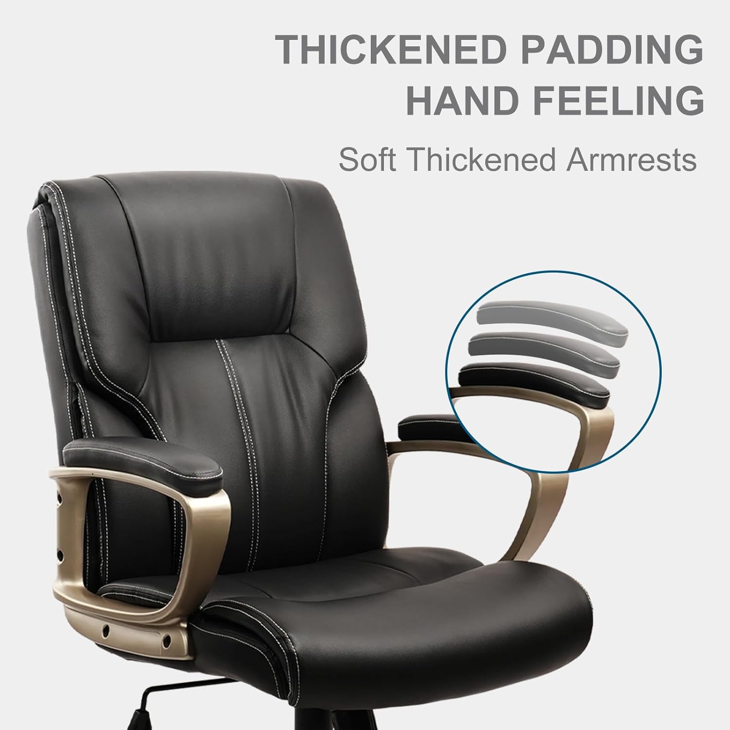 CLATINA Silla de escritorio ergonómica de oficina negra y dorada con soporte lumbar, sillas ejecutivas de cuero con respaldo alto con ruedas y