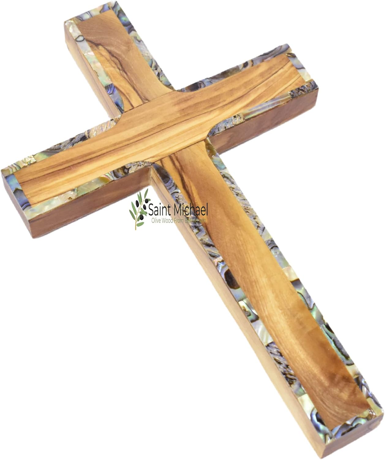 SAINT MICHAEL OLIVE WOOD FROM BETHLEHEM Cruz de pared de madera de olivo de 6 pulgadas con diseño de nácar, cruces de tierra santa de Belén