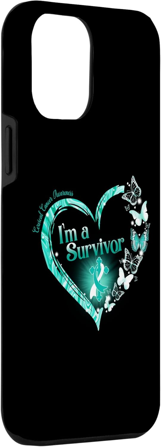 Funda para iPhone 13 Pro Max con cinta verde azulado con diseño de mariposa y cáncer cervical I’m a Survivor
