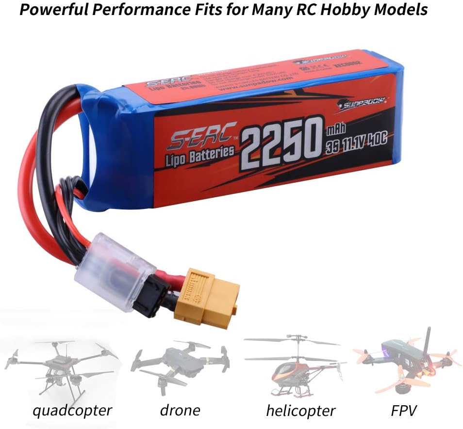 SUNPADOW Batería Lipo RC de 11.1V 3S 40C 2250mAh con conector XT60 recargable para avión RC Quadcopter, helicóptero, drone FPV Racing Hobby (2